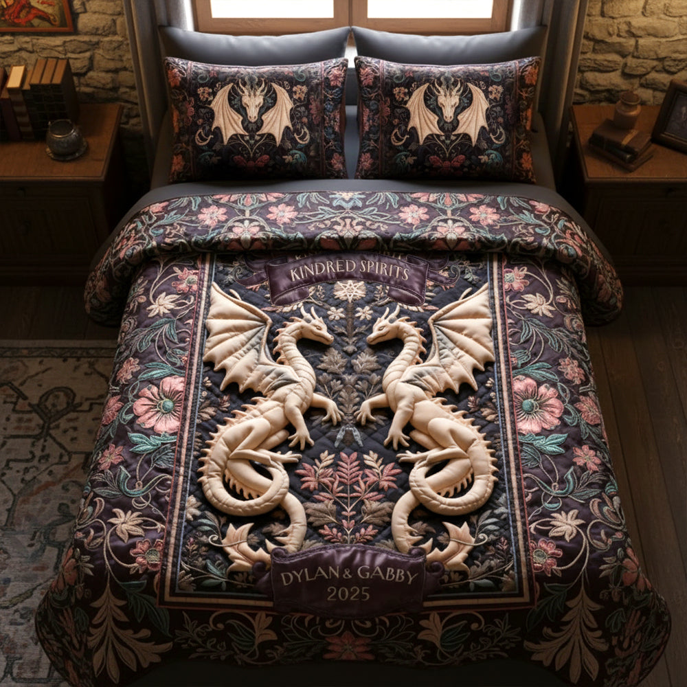 Folk Medieval Dragon Couple Quilt Bed Set, Personalized Gifts For Couple 01qhtn201125-Homacus
