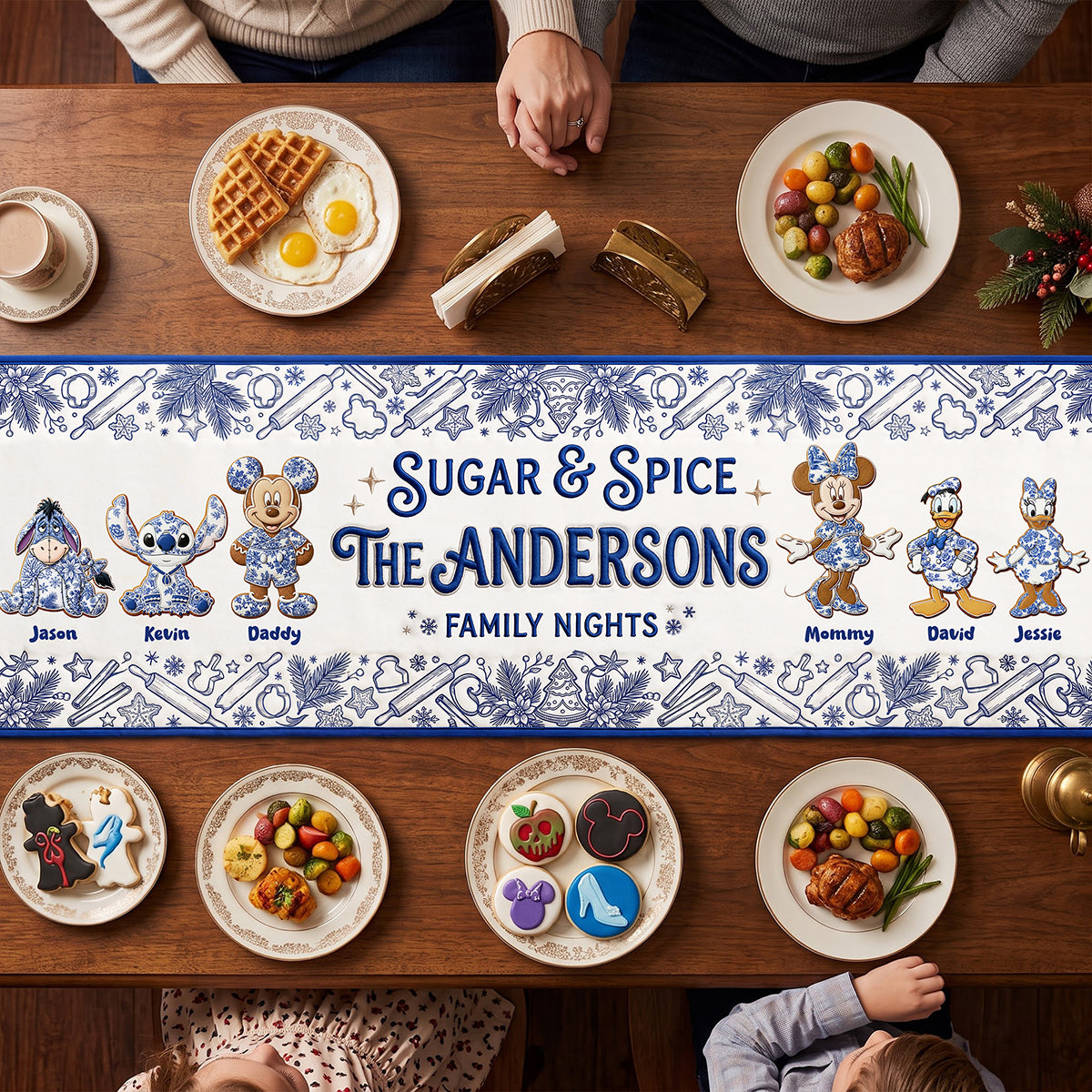 Family Gingerbread Toile de Jouy Blue Floral Quilted Table Runner - Personalized Gifts For Family 04pgta260826-Homacus