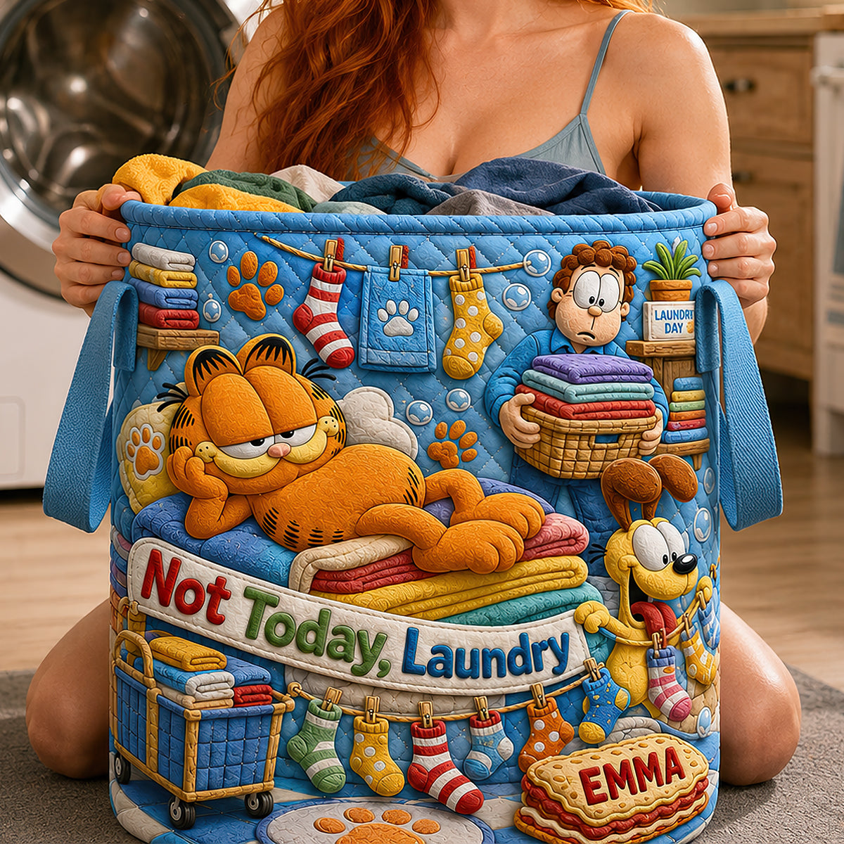 Lazy Cat Quilted Laundry Basket - Personalized Gifts 03HADT180726-Homacus