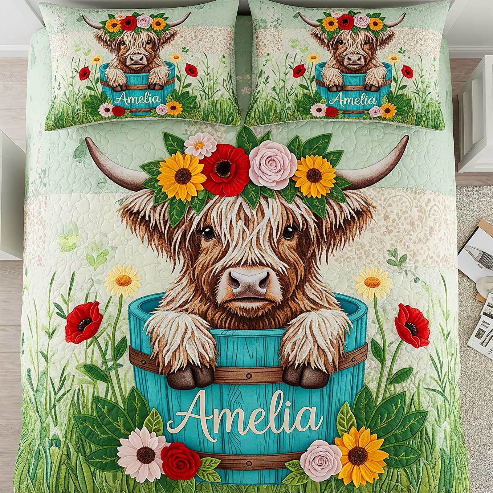 Flower Crown Cow Quilt Bedding Set 02napu090725-Homacus