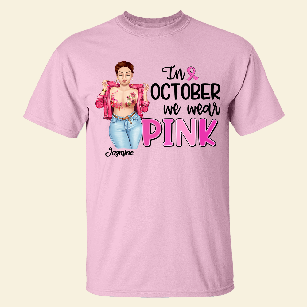 In October We Wear Pink, Personalized Breast Cancer Shirt, Pink Ribbon Girl-Homacus