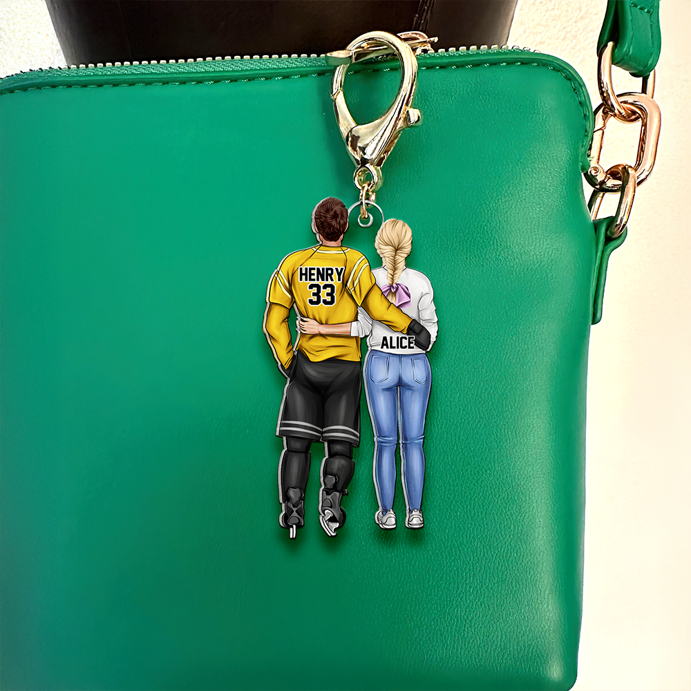 Personalized Gifts For Hockey Couple Keychain 02QHHU180225TM Hugging Couple Back View