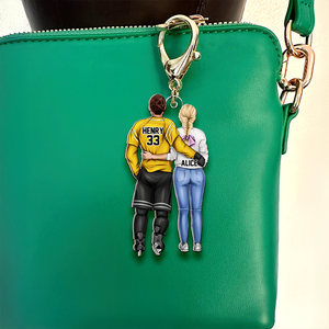 Personalized Gifts For Hockey Couple Keychain 02QHHU180225TM Hugging Couple Back View-Homacus