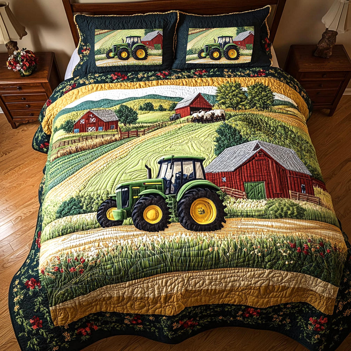 Green Tractor On The Farm Quilt Bedding Set - Gifts For Tractor Lovers 06tglu070725-Homacus