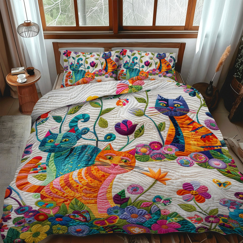 Gifts For Cat Lovers Quilt Bed Set Floral Colorful Cats-Homacus