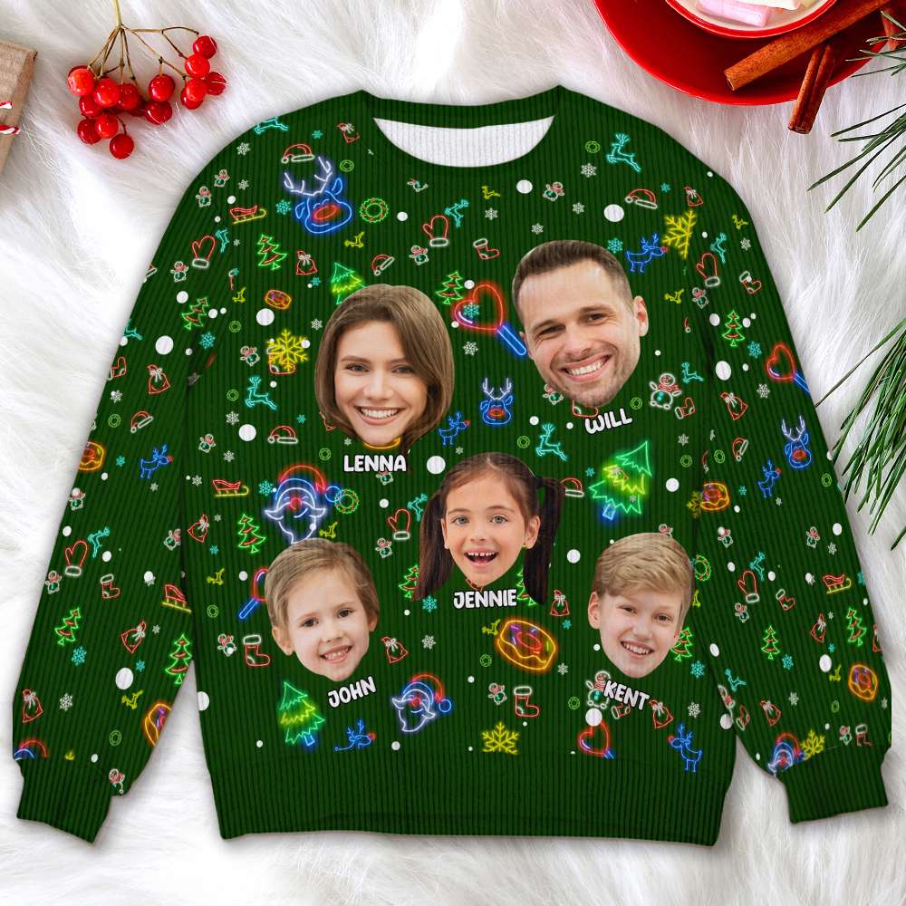 Personalized Custom Photo Christmas Gifts For Family Neon Ugly Sweater 05KALU041124-Homacus