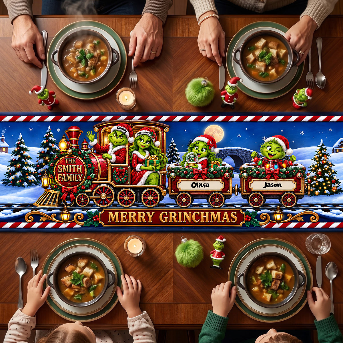 Family Christmas Train Table Runner - Personalized Gifts For Family Quilted Table Runner 04TYTA240926