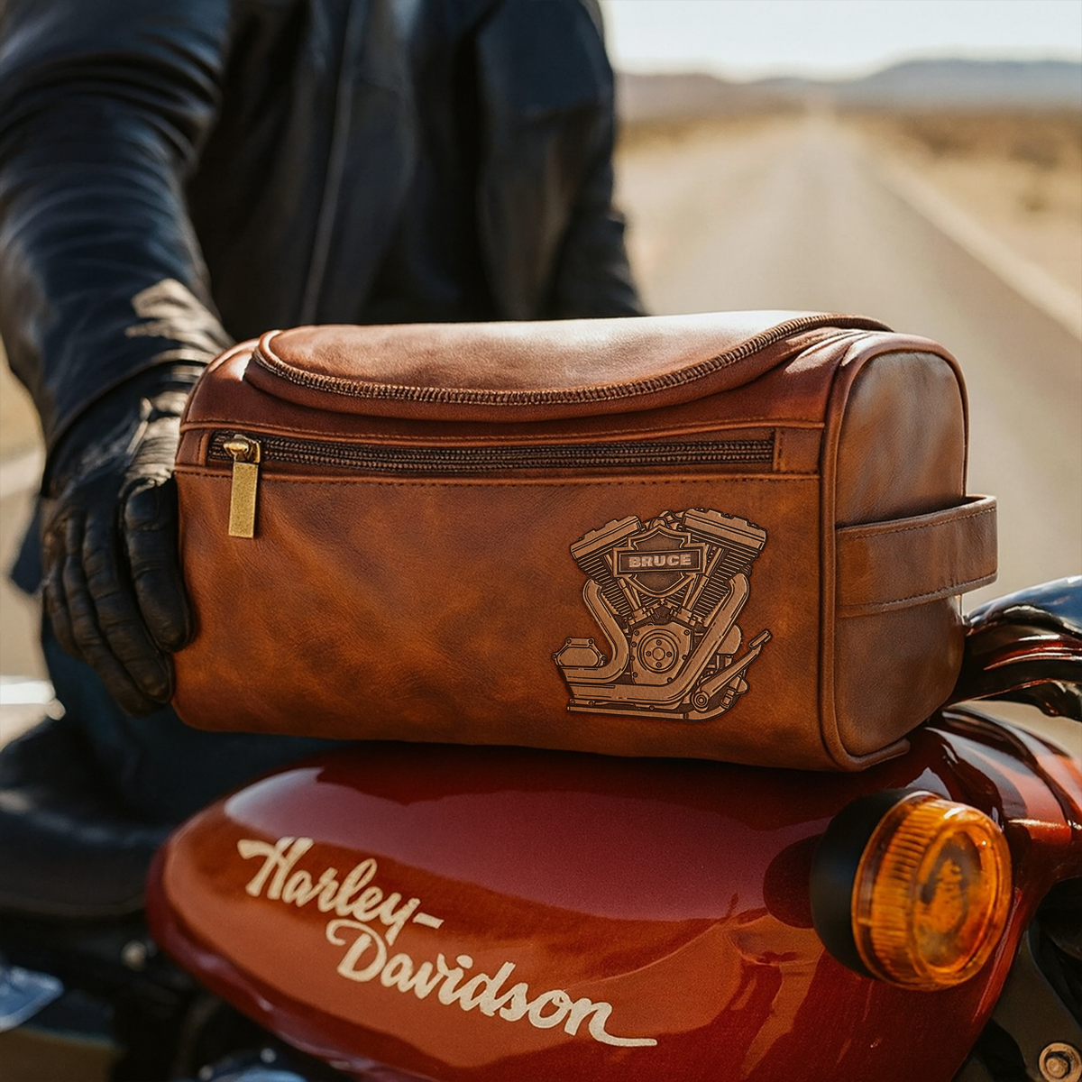 Motorcycle Mechanical Men Leather Toiletry Bag, Personalized Gifts For Bikers 01qhlu190825-Homacus