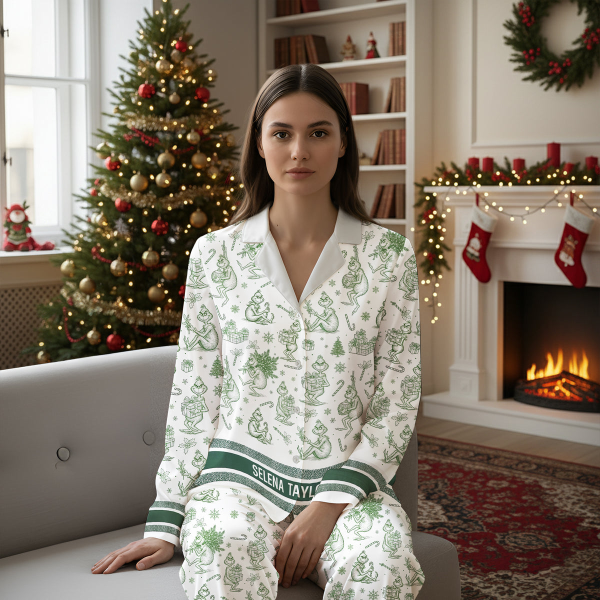 Christmas Toile de Jouy Button Up Pajamas - Personalized Gift For Her 02PGLU300925-Homacus