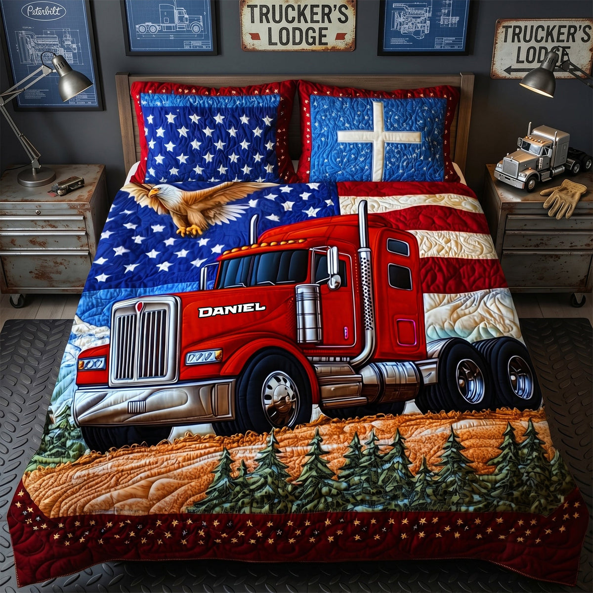 Patriotic Semi Truck Quilt Set – Personalized Gifts For Road Warriors 05TGLU120626-Homacus