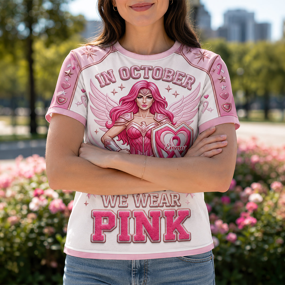 In October We Wear Pink 3D Shirt - Personalized Gifts For Cancer Awareness 03tydt010826-Homacus