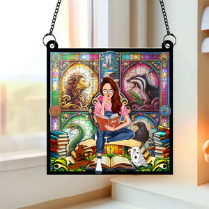 Personalized Gifts For Book Lovers Suncatcher 03HUPU010824TM Girl Sitting Reading Books-Homacus