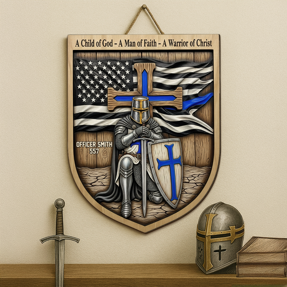 Knight Templar Kneeling Under God Wood Sign, Personalized Gifts For Police 02qhpu120625-Homacus