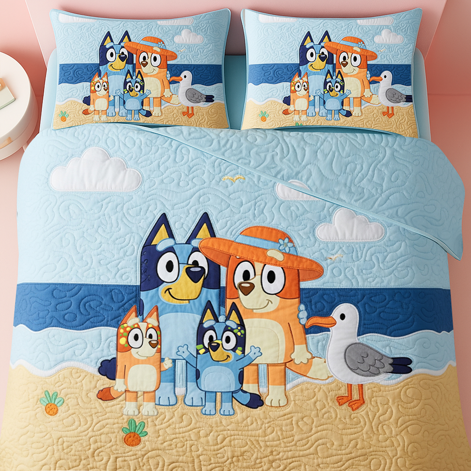 Cute Cartoon Pup Family At Beach Quilt Bed Set - Gifts For Movie Fan 04QHLU170725-Homacus