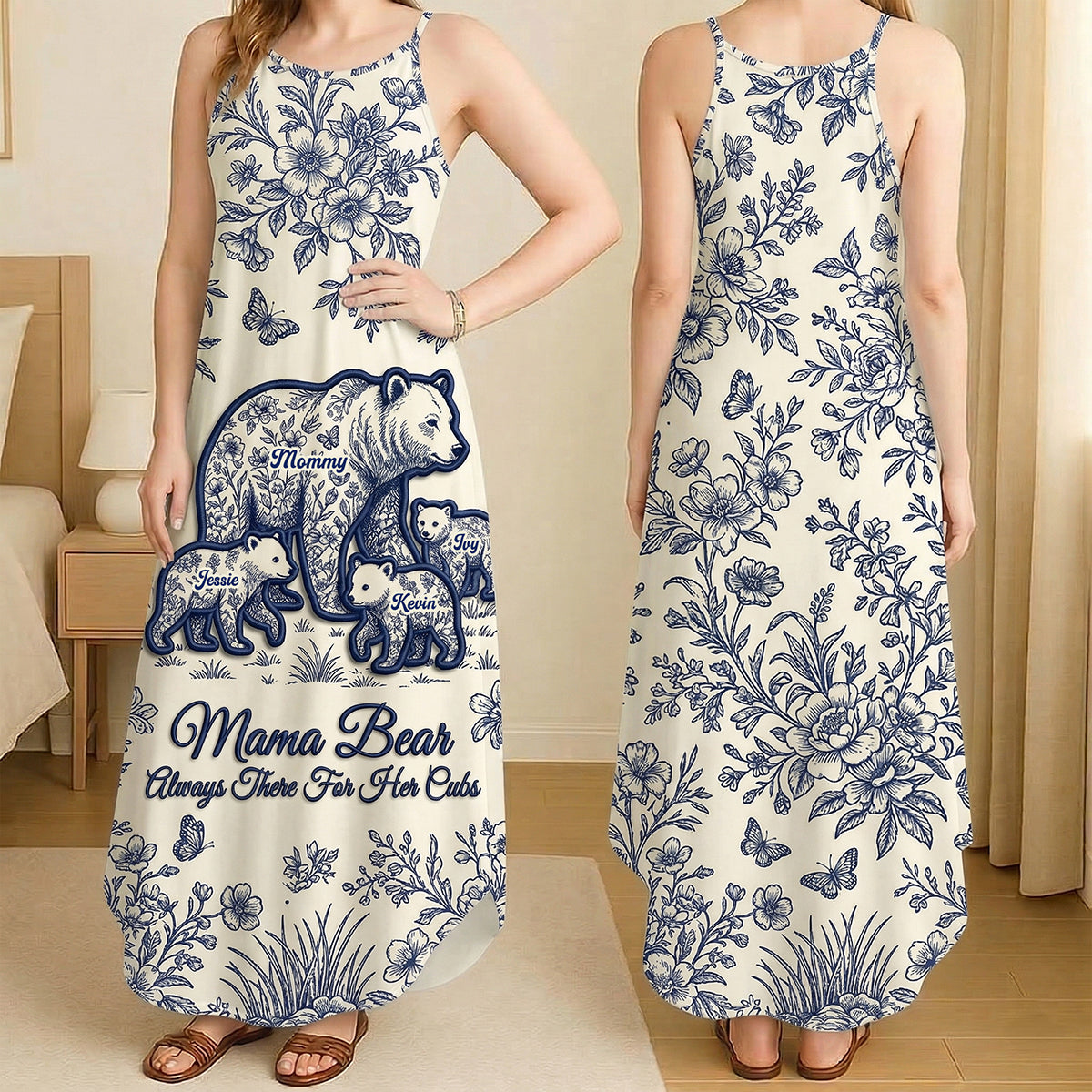 Toile De Jouy Bear Mom Dress - Personalized Gifts For Mother's Day Suspender Maxi Dress 01NATA250326-Homacus