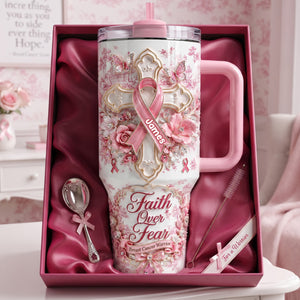 God Be With His Pink Fighter 40oz Tumbler With Handle - Personalized Gifts For Breast Cancer Warrior 02QHLU030826-Homacus