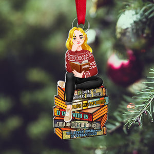 Personalized Gifts For Book Lovers Christmas Ornament 04hutn140924pa Girl Sitting On Stack Of Books Reading-Homacus