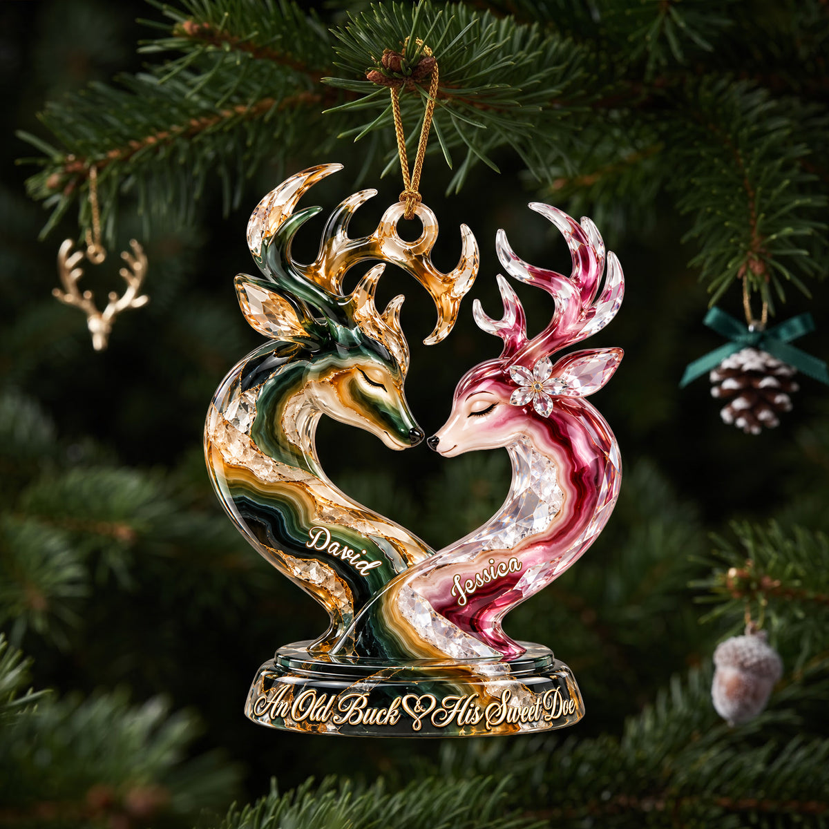 Old Buck And his Sweet Doe Marble Effect Ornament, Personalized Gifts For Couple 06QHLU141026-Homacus