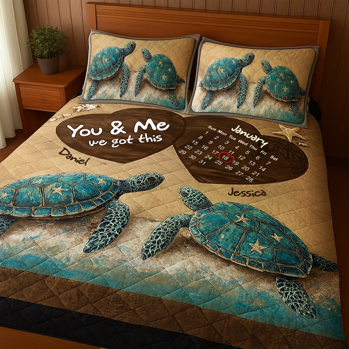 Beachy Sea Turtle Quilt Bed Set - Personalized Anniversary Gifts For Couple 08TOLU150725-Homacus