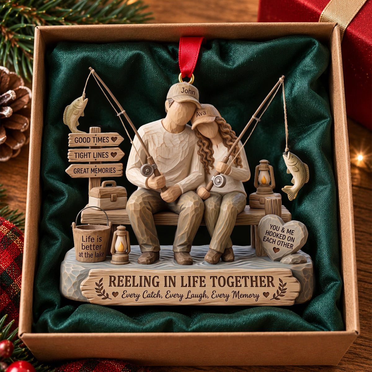 Attached Fishing Couple Wood Effect Ornament - Personalized Gifts For Fishing Lovers 04qhlu011026