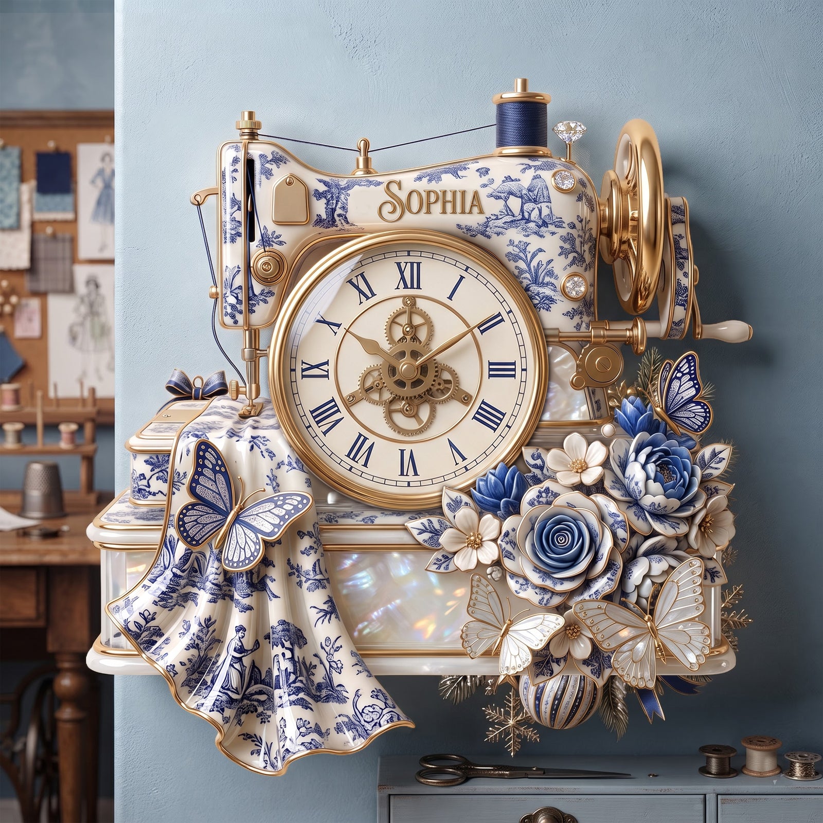 Floral Sewing Toile De Jouy Wall Clock Personalized Gifts 01PALU070826
