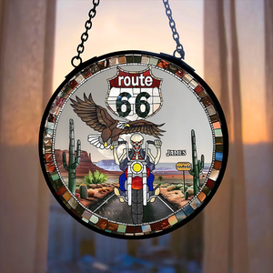 Personalized Gifts For Biker Suncatcher, Motorcycle Skull Riding On Highway Stained Glass 04QHPU280824-Homacus