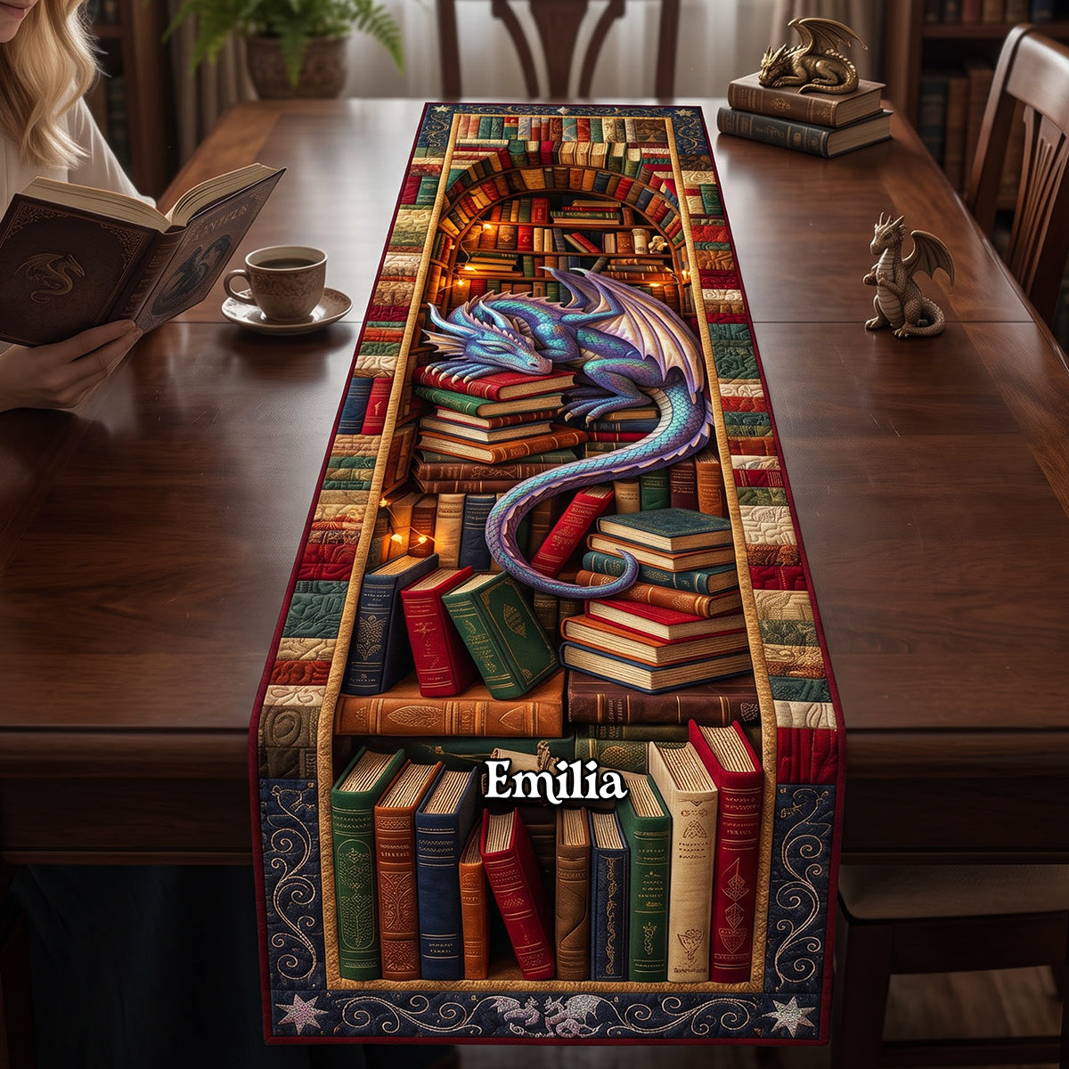 Mystical Dragon Library Quilted Table Runner - Personalized Gifts For Book Lovers 01huta130826