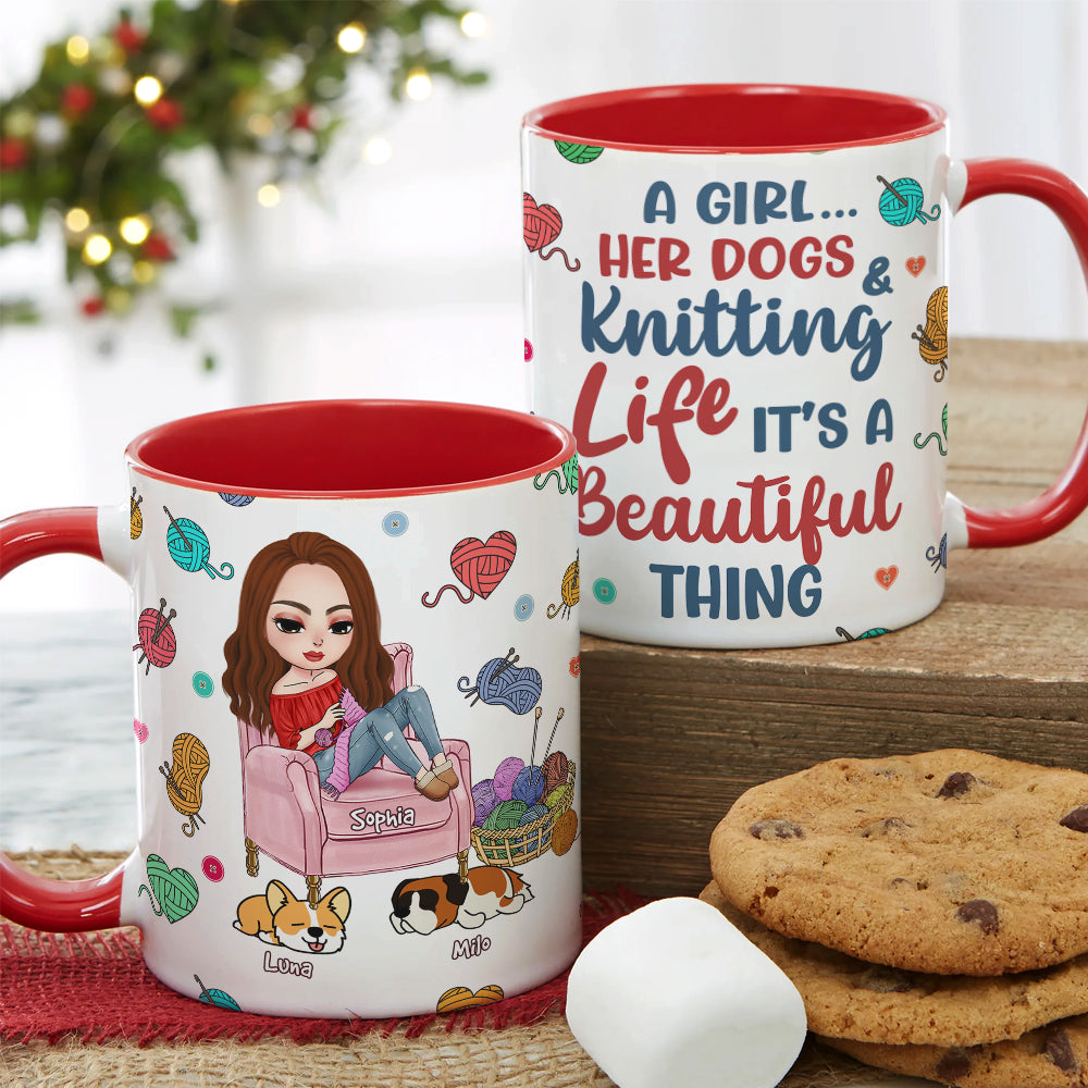 Personalized Gifts For Knitting Lover Accent Mug Women Sitting Knitting With Dog 04XQPU010824HH-Homacus
