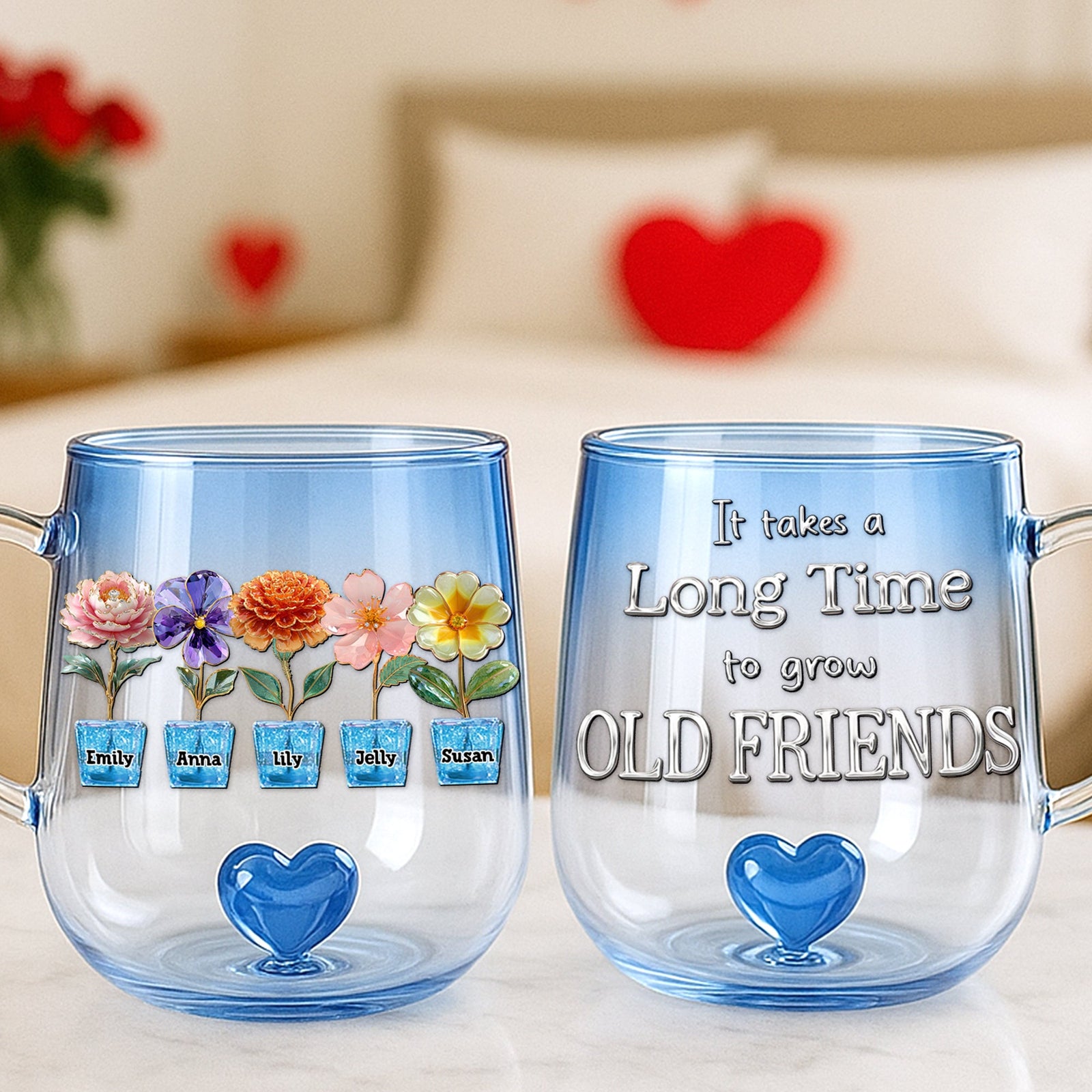 Flowers Old Friend Heart Glass Mug Personalized Gifts For Friends 04TGDT130625-Homacus