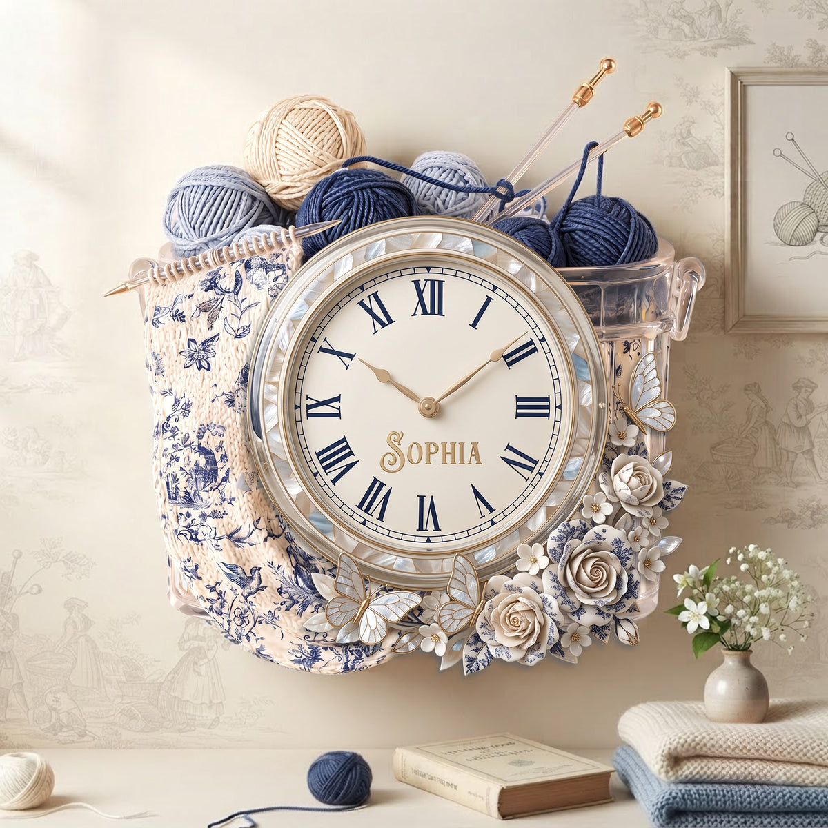 Toile De Jouy Floral Knitting Hanging Wall Clock - Personalized Gifts For Knitting Lovers 07palu080826