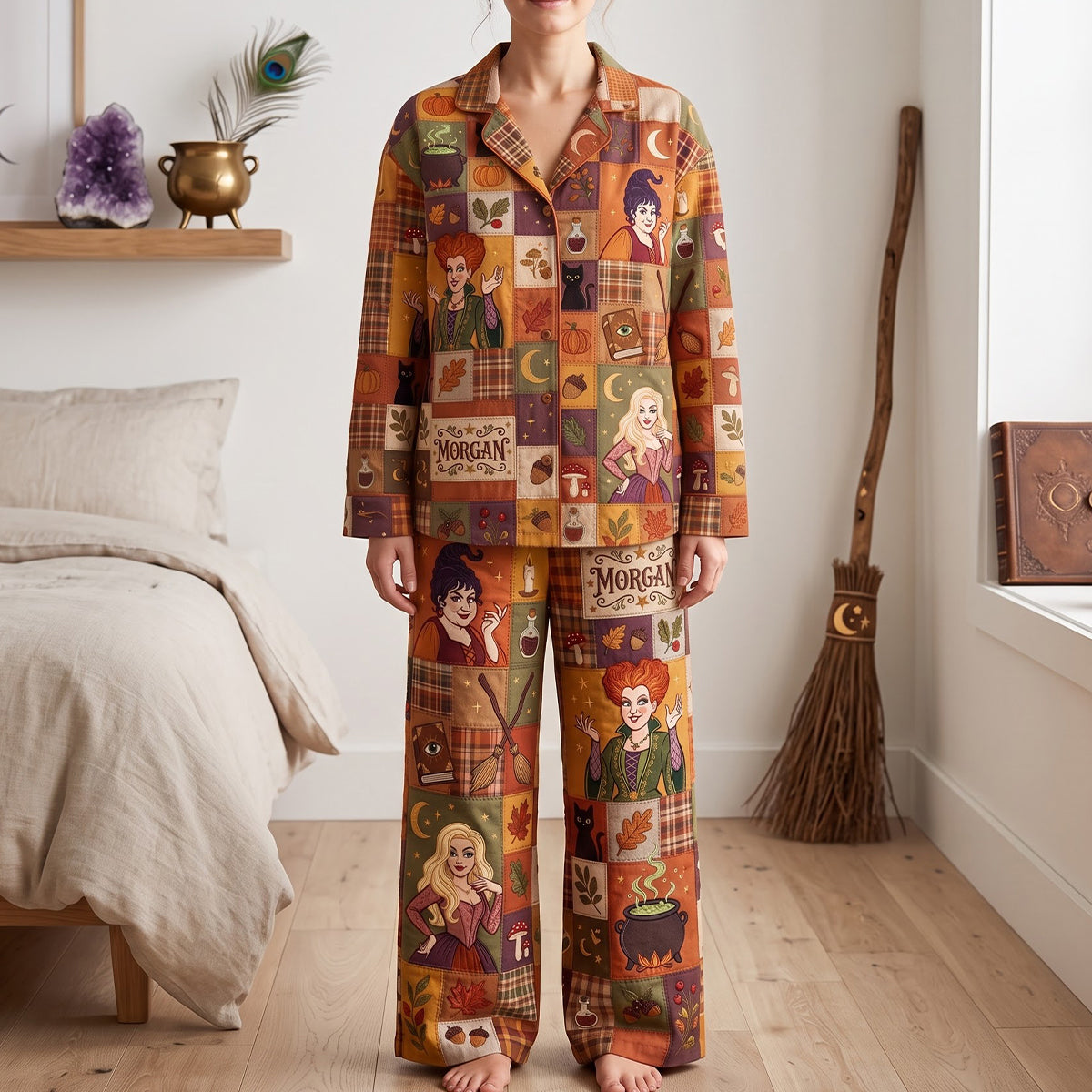 Personalized Patchwork Button Up Pajama Set – Halloween Gifts For Witch Lovers 01patn310726