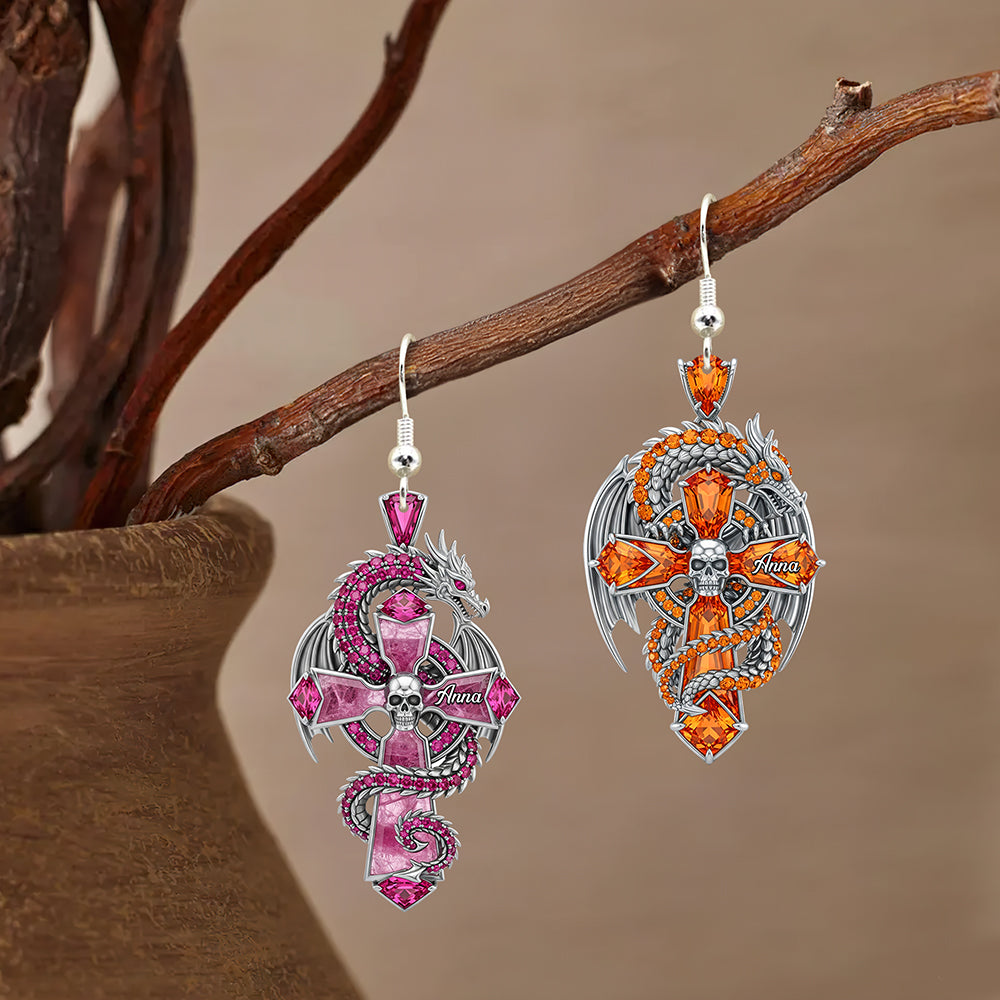 Gothic Guardian Dragon On Cross Earrings - Personalized Gifts For Fantasy Altar Drake Dragon Lovers 01qhqn010825-Homacus