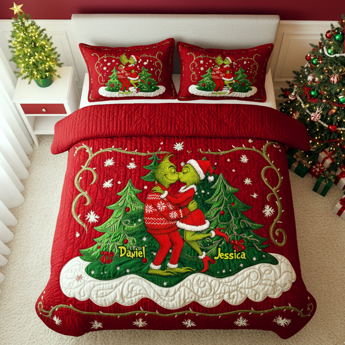 Festive Couple Kiss Quilt Set Special Line - Personalized Christmas Gift For Couples 02NALU080925-Homacus