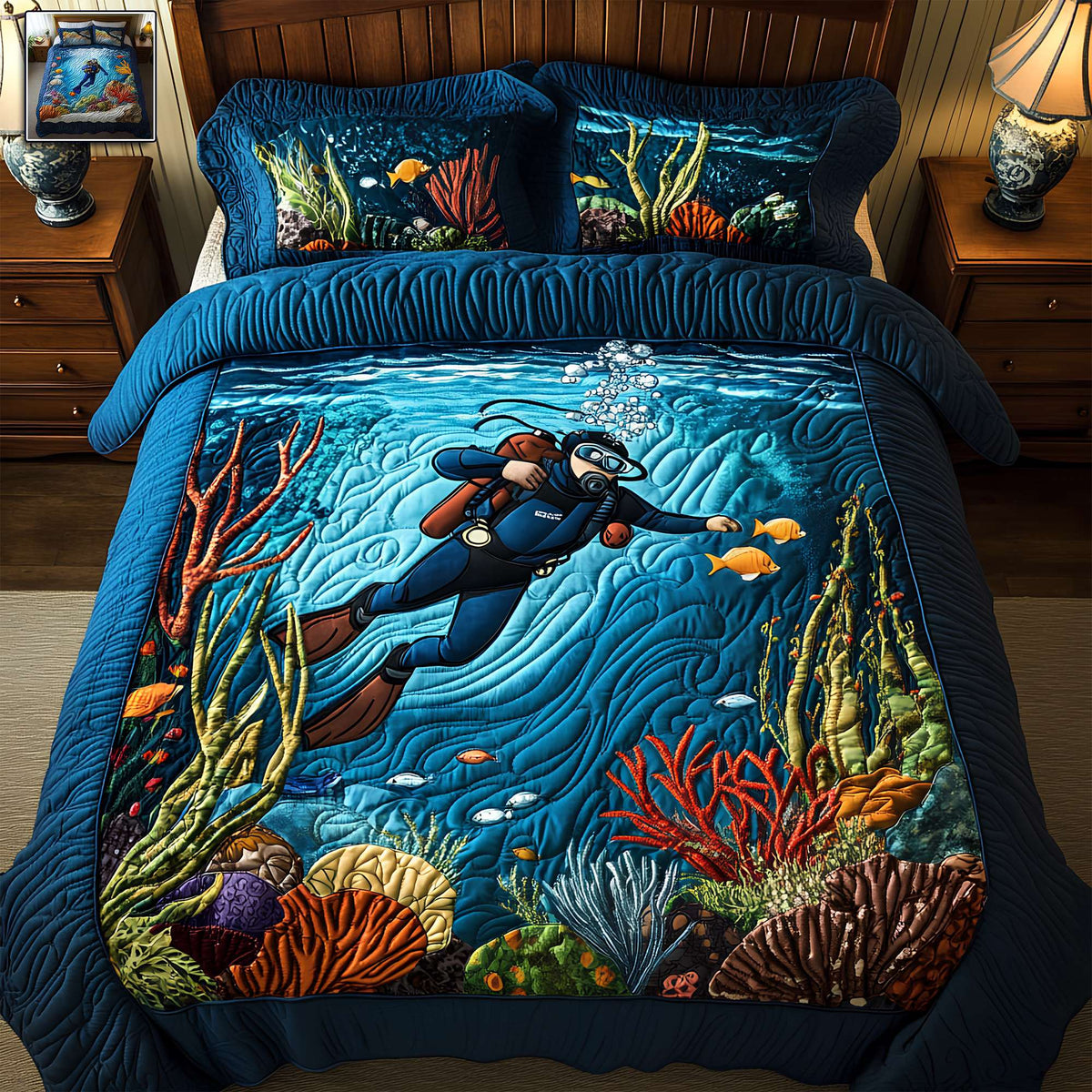 Blue Ocean Quilt Bed Set Gifts For Scuba Diving Lovers 01TGLU300625-Homacus
