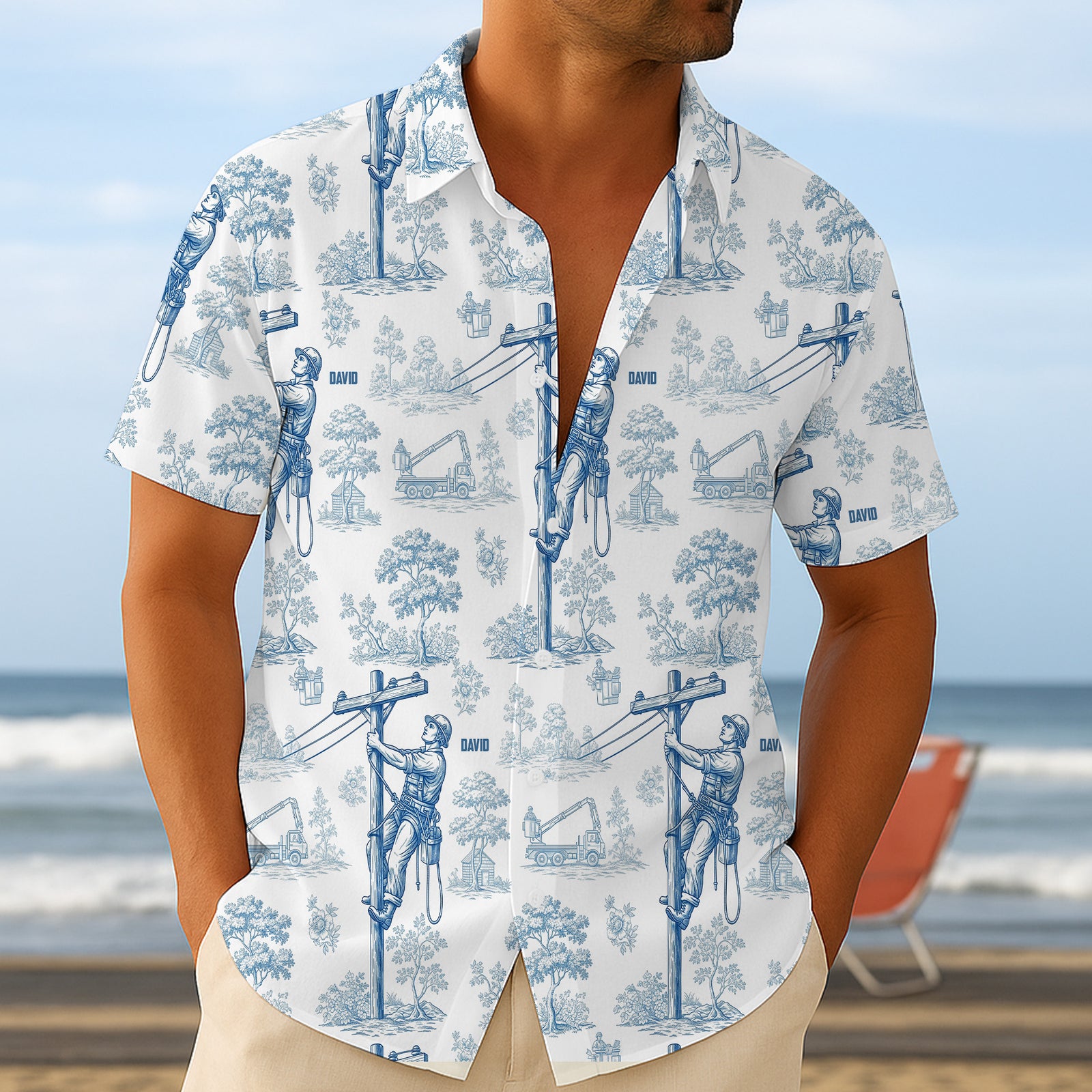 Vintage Toile Blue Pattern Hawaiian Shirt - Personalized Gifts For Lineman 02qhtn120625-Homacus