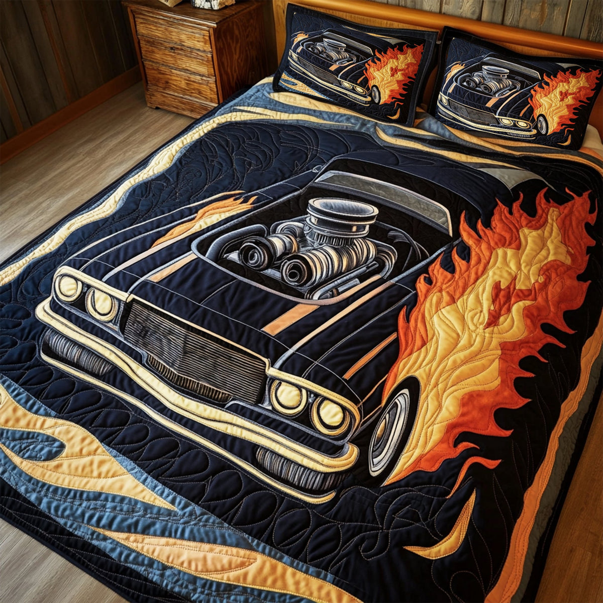Flaming Muscle Car Quilt Bed Set Special Line - Personalized Gift For Racing Lovers 02TGLU120725-Homacus