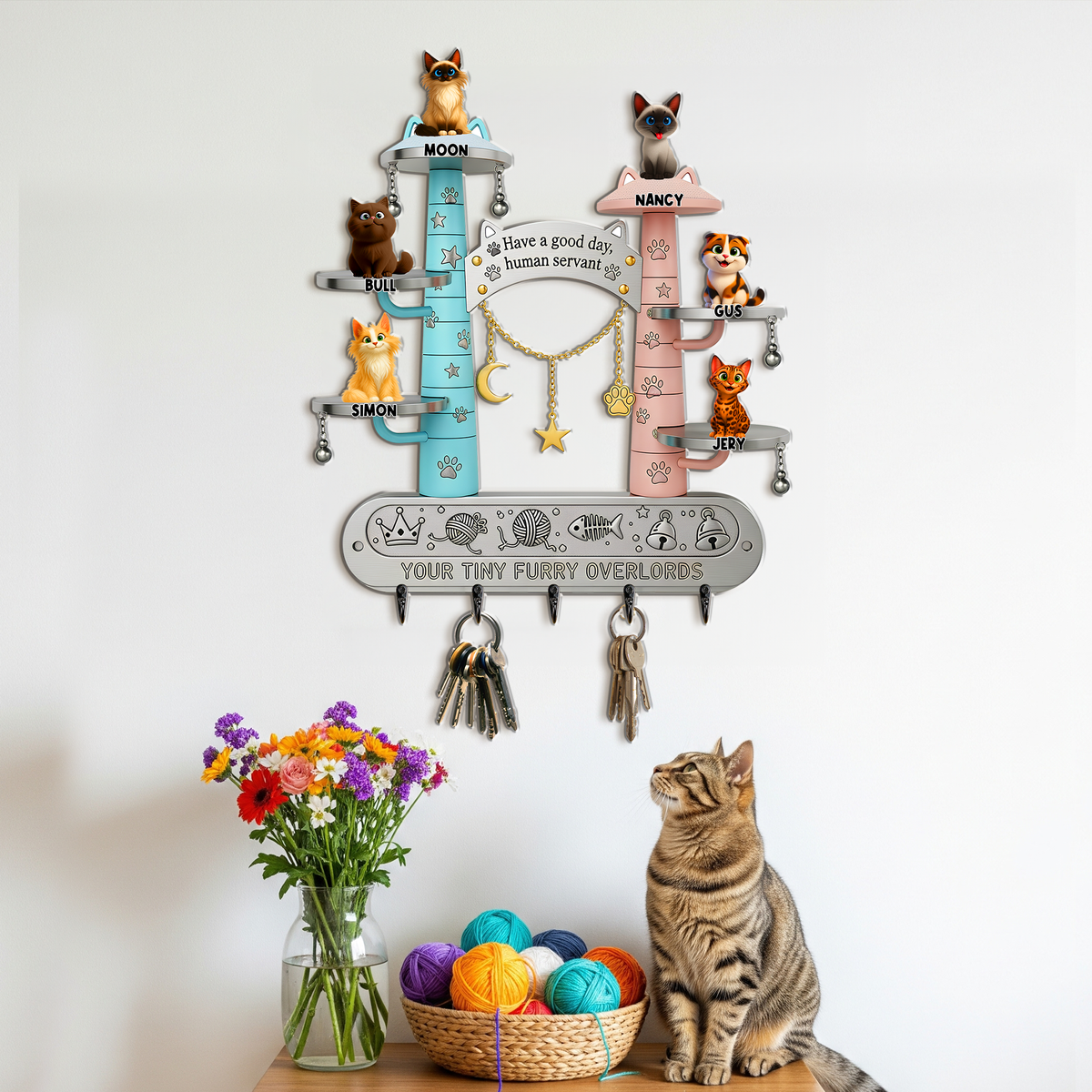 Tiny Fluffy Cat Wood Key Hanger - Personalized Gift For Cat Lovers 01TGLU290725-Homacus
