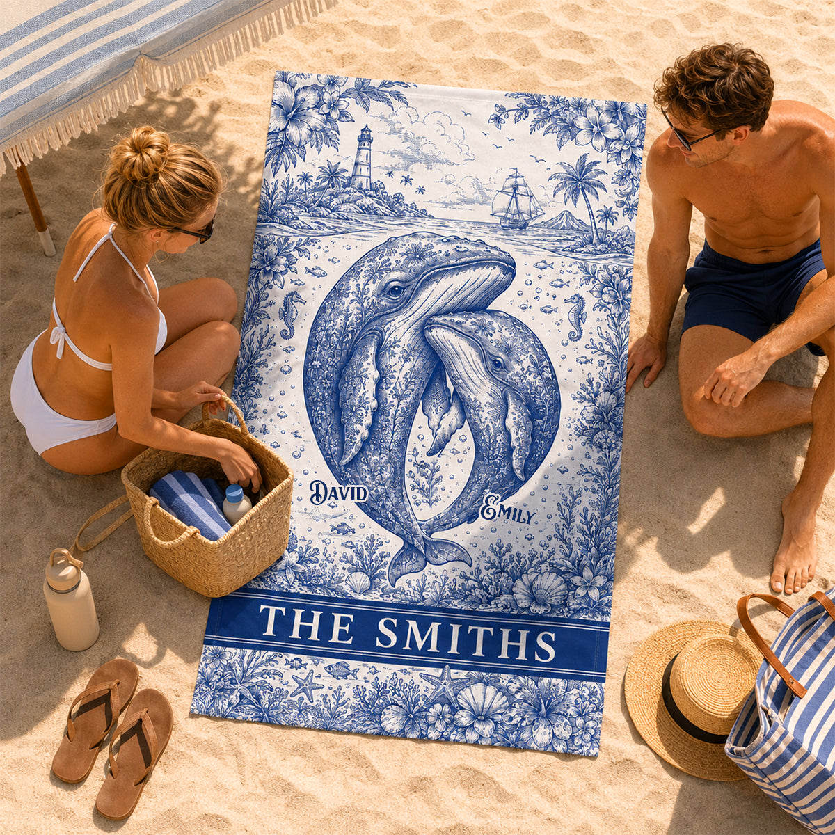 Toile De Jouy Whale Family Beach Towel, Personalized Gift For Family 05qhdh180726-Homacus