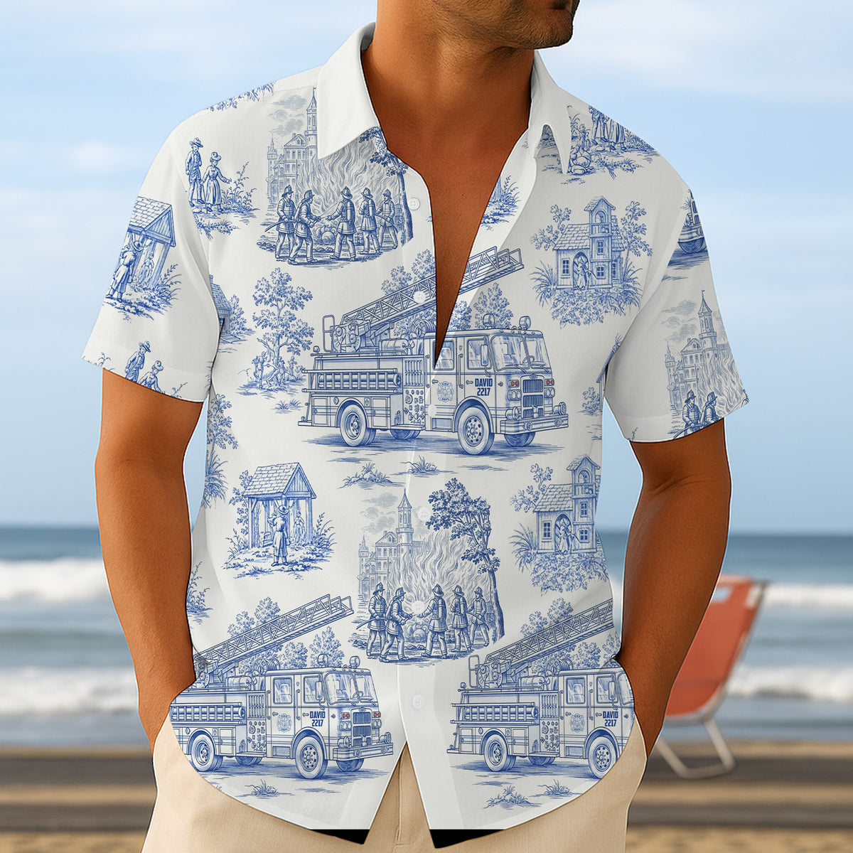 Personalized Gifts For Firefighter Hawaiian Shirt, Vintage Toile Blue Fire Truck Pattern 03qhtn110625-Homacus