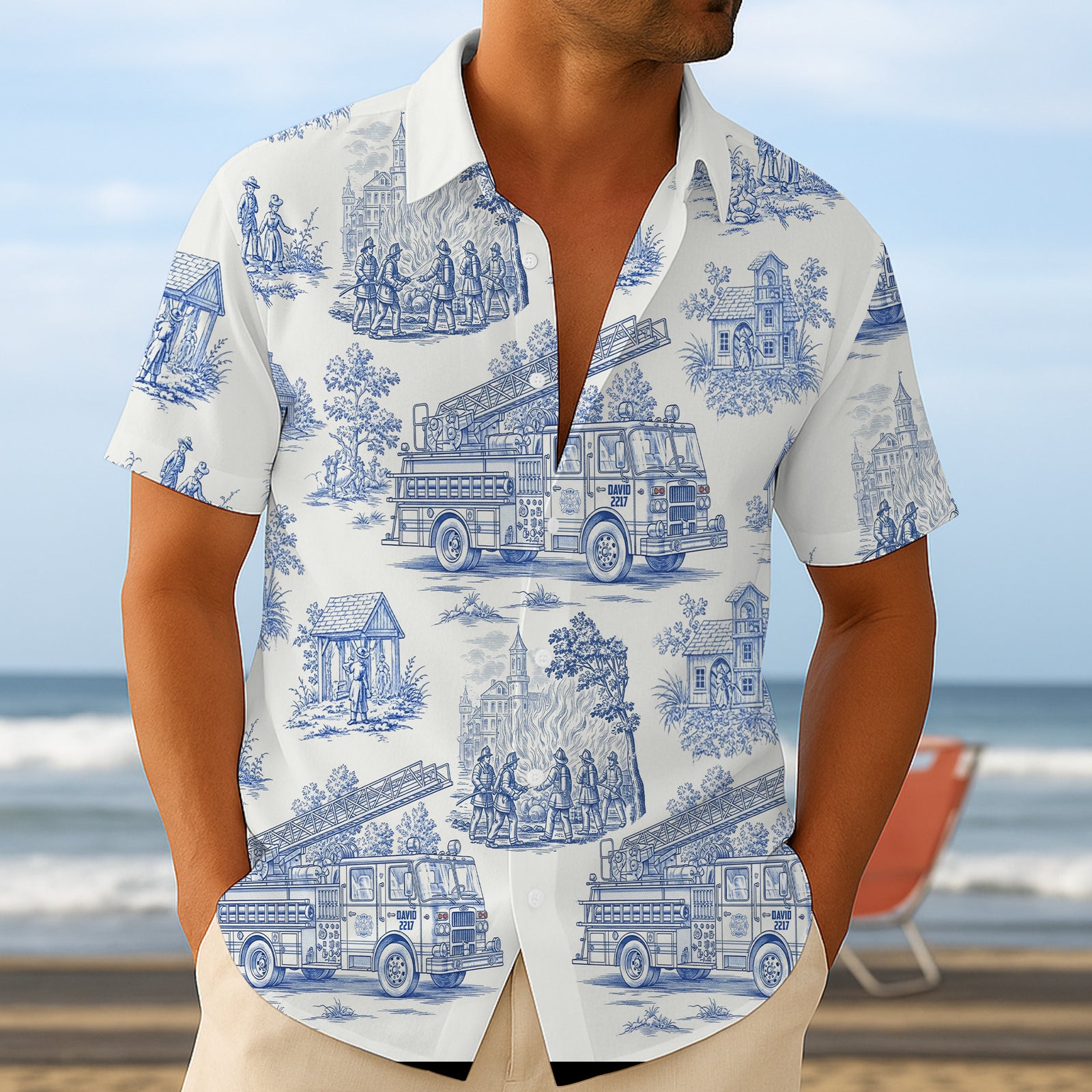 Personalized Gifts For Firefighter Hawaiian Shirt, Vintage Toile Blue Fire Truck Pattern 03qhtn110625-Homacus