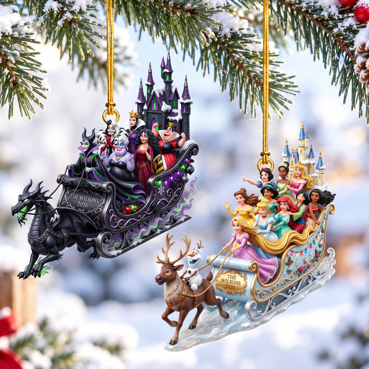 Princess & Villain Snow Ride Ornament - Personalized Gift For Christmas 02NAQN180926
