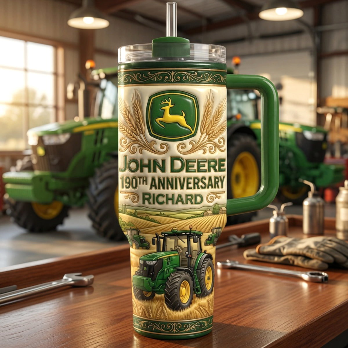Green Farm Tractor Tumbler With Handle - Personalized Gifts For Tractor Lovers 04naqn250626-Homacus