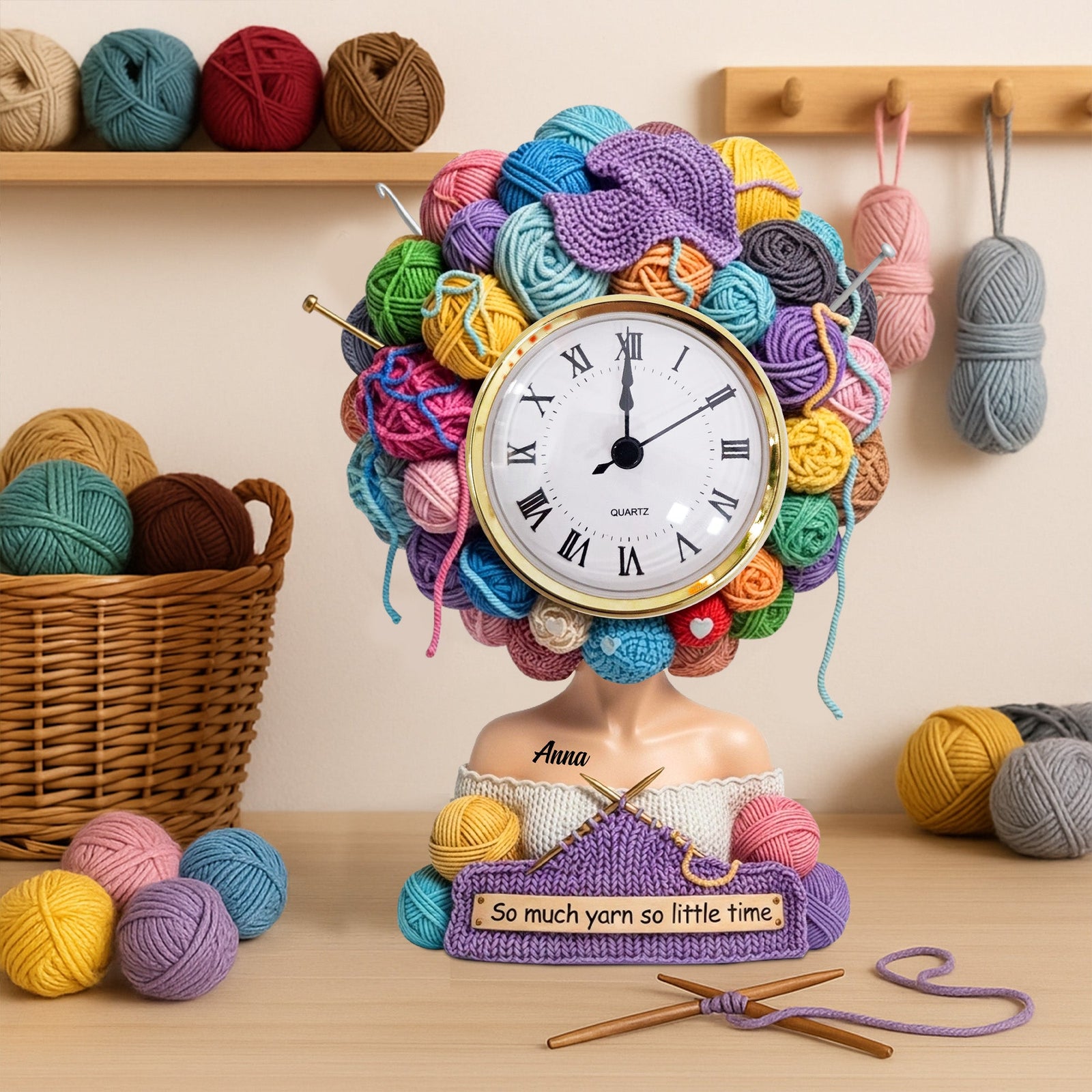 Yarn Head Girl Desk Clock - Personalized Christmas Gifts For Knitter & Crocheter 04QHTN030625-Homacus
