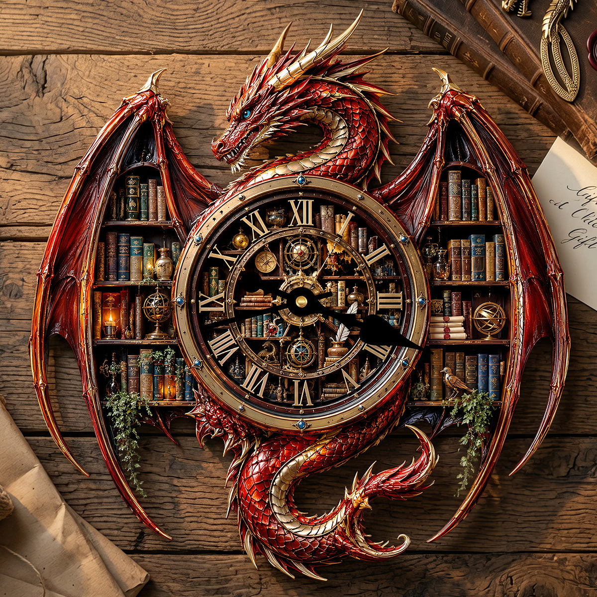 Vintage Dragon Bookstore Wall Hanging Clock, Personalized Gifts For Book Lovers 02qhdt240726