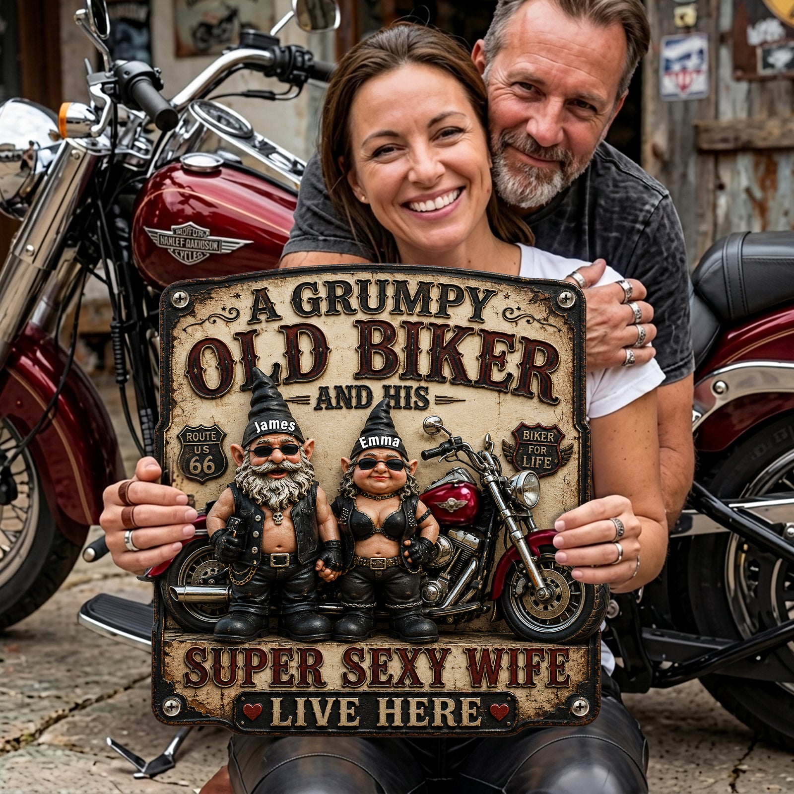 Biker Couple Gnomes Metal Sign - Personalized Gifts For Couples 06nalu190626-Homacus