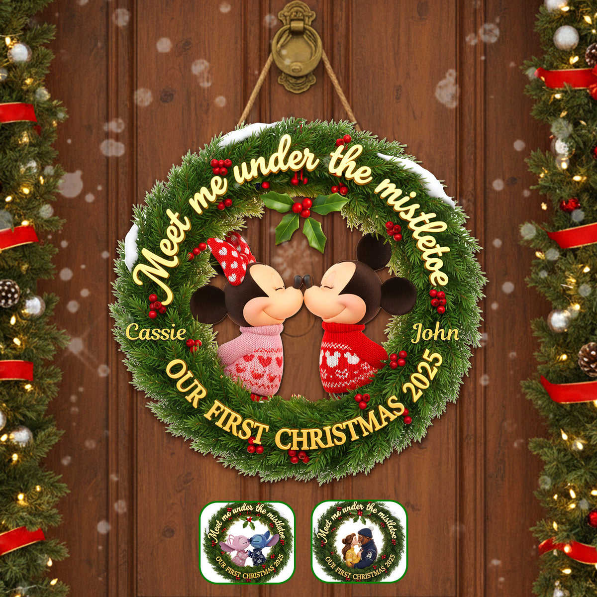 Kissing Couple Laurel Wreath Wood Sign - Personalized Gift For Couple Christmas Wood Sign 04HYMG091025-Homacus