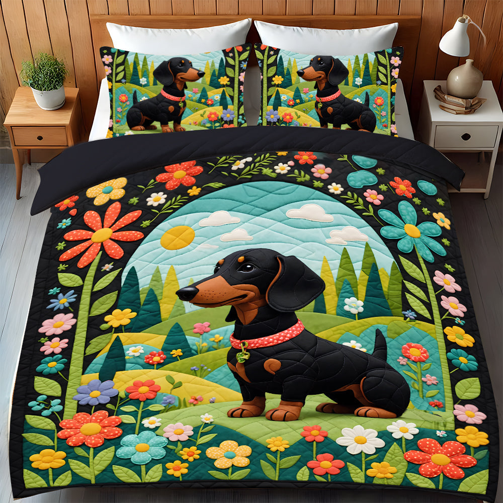 Dachshund Dogs In Floral Garden Quilt Bed Set Gift For Dog Lovers 04HULU200125-Homacus