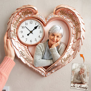 Memorial Heart Wings Clock - Custom Photo Gifts For Heaven Acrylic Hanging Wall Clock 02NATA250326-Homacus