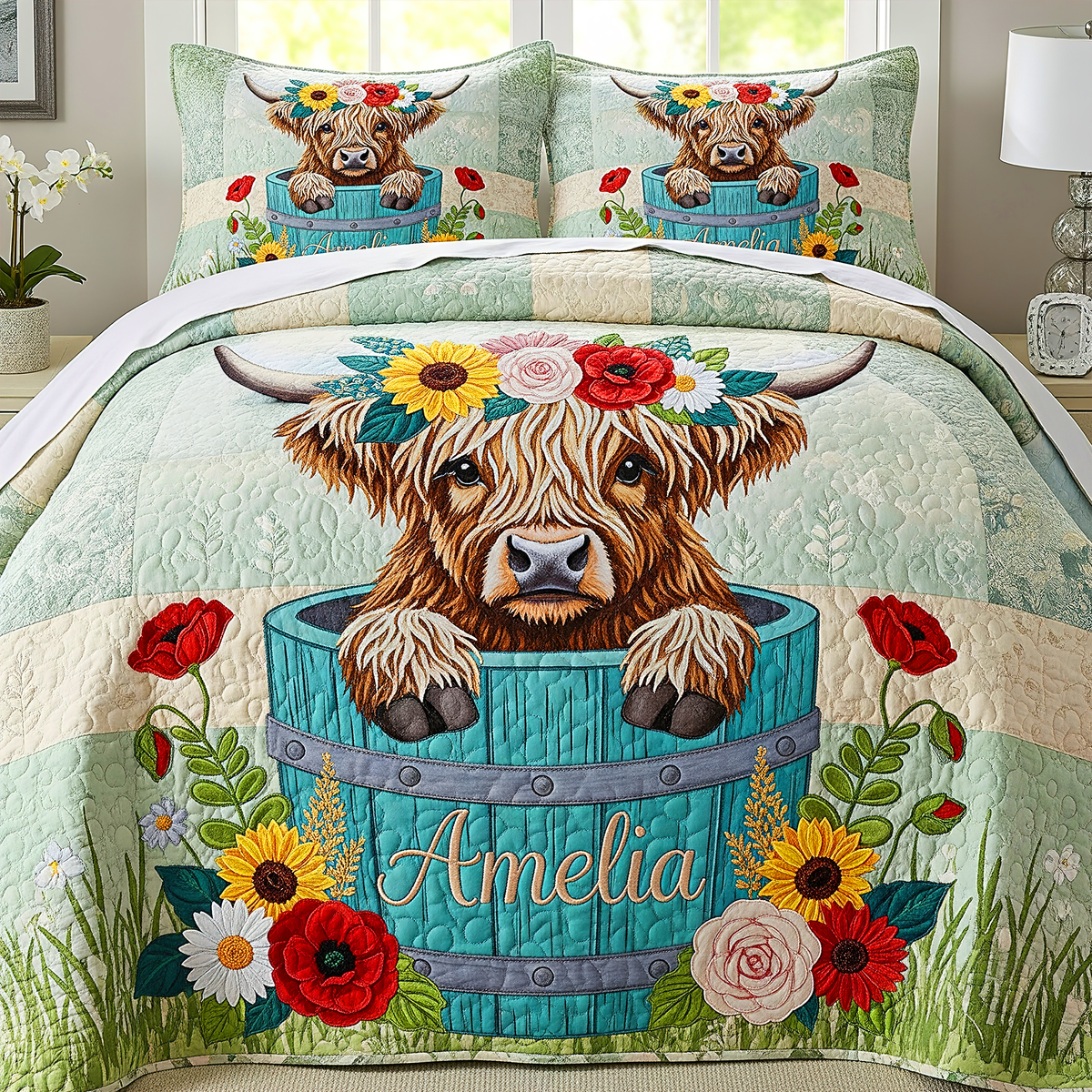 Flower Crown Cow Quilt Bedding Set 02napu090725-Homacus