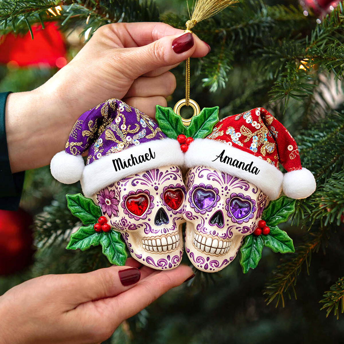 Personalized Gifts For Christmas, Christmas Dia de Los Muertos Skull Couple Acrylic Ornament 01pamg090925-Homacus